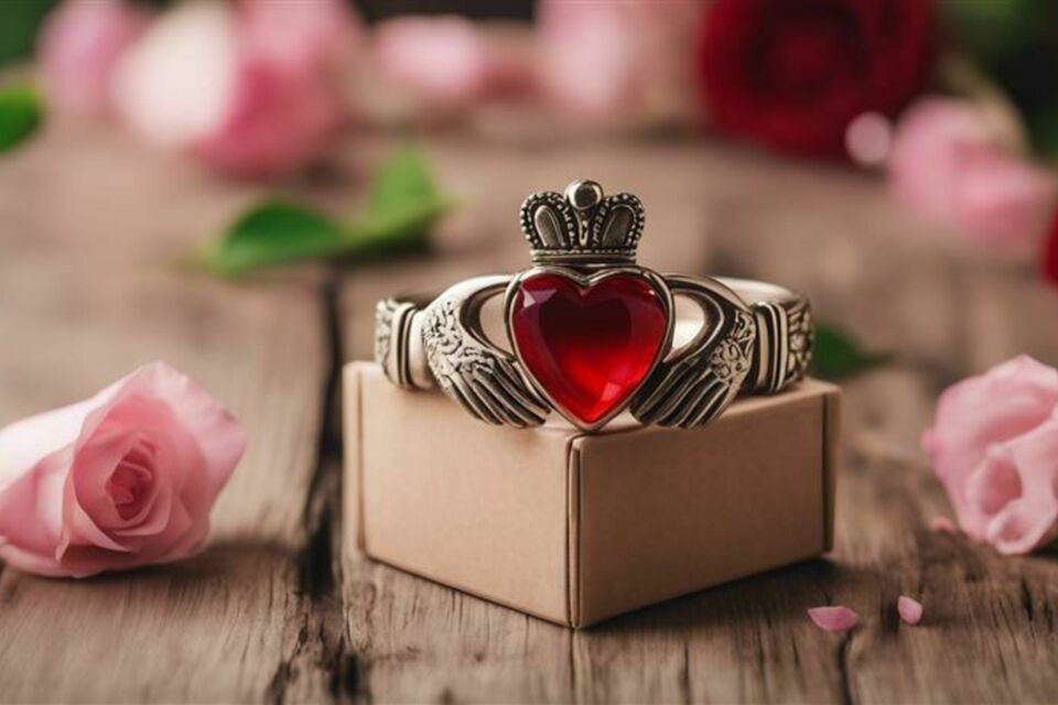 Adobe Stock - Photo d'illustration - Symbole d'amour éternel, cette bague Claddagh en argent ornée d'un cœur en pierre rouge incarne passion, loyauté et amitié dans un design intemporel.
