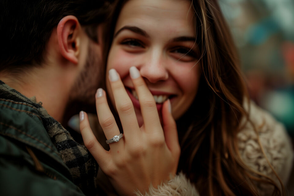 Adobe Stock -  Photo d'illustration - Anneau scintillant, serti de diamants étincelants, la bague de demande en mariage, symbolise l'éternelle promesse d'amour et d'union, scellant le destin de deux cœurs amoureux à jamais liés.