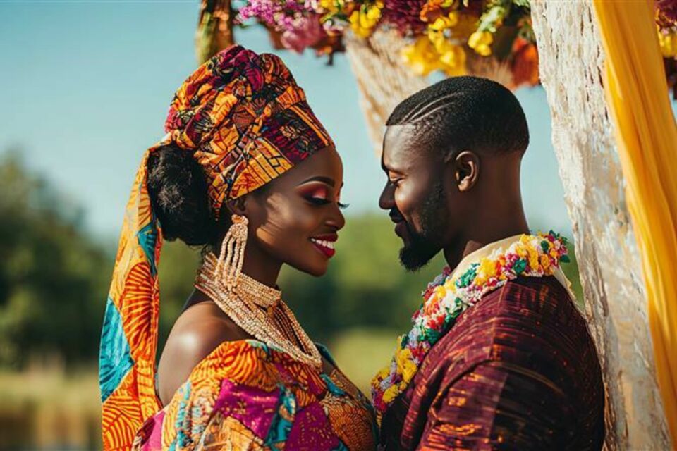 Adobe Stock - Photo d'illustration - Un couple de mariés portant fièrement les tenues traditionnelles de Guinée Équatoriale, symbole d'un engagement profond et de respect envers leurs coutumes et leurs familles.