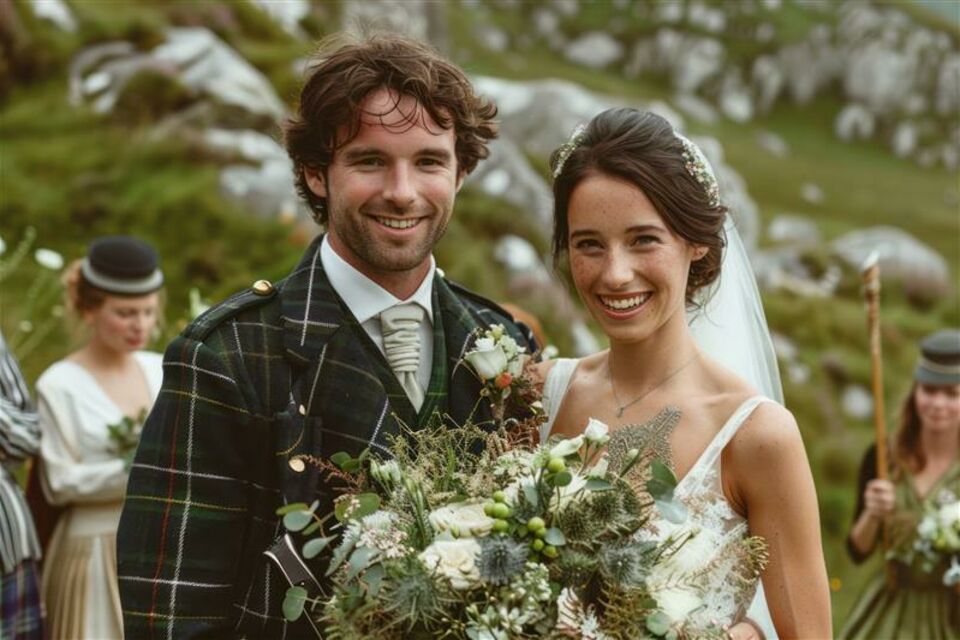 Adobe Stock - Photo d'illustration - Un couple de mariés irlandais, entouré de paysages verdoyants, incarnant l’élégance simple et l’authenticité des traditions celtiques, prêts à célébrer leur union dans une ambiance chaleureuse et festive.