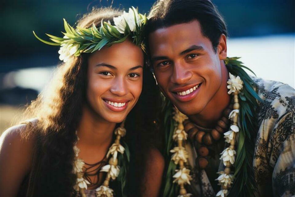 Adobe Stock - Photo d'illustration - Un couple de mariés rayonnant, unis sous les traditions tahitiennes, portant des couronnes de tiarés, emblématiques de l'île, et des colliers de fleurs pour célébrer leur amour avec élégance et authenticité. 