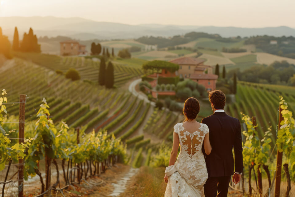 Adobe Stock - Photo d'illustration - Jeune couple de mariés se dirigeant vers le lieu de leur réception de mariage sur le thème de Capri.