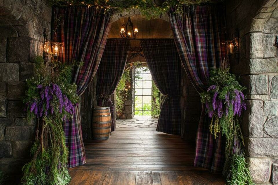 Adobe Stock - Photo d'illustration - Une entrée de cérémonie de mariage digne de l'Écosse, ornée de tartans traditionnels et de tonneaux en bois, créant une ambiance chaleureuse et authentique pour votre mariage écossais