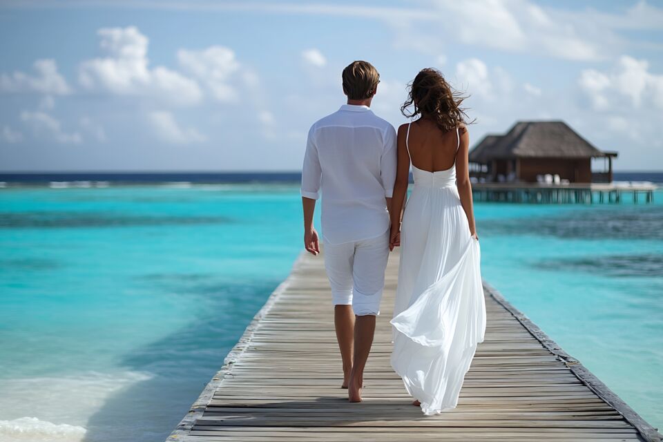 Adobe Stock -&nbsp; Photo d'illustration -&nbsp;&nbsp;Un mariage inspiré des Maldives, c'est célébrer l'amour au bord d'une plage de sable fin, entouré de l'océan turquoise, des palmiers majestueux et des fleurs exotiques, dans une ambiance paradisiaque.