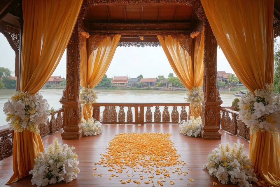 Adobe Stock - Photo d'illustration -&nbsp;&nbsp;Ambiance paisible avec décor naturel : ambiance de temple, fleurs exotiques et textiles traditionnels pour une atmosphère authentique lors d'un mariage sur le thème du Laos.&nbsp;
