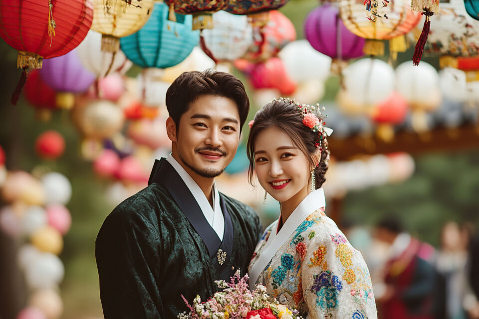 Adobe Stock - Photo d'illustration - Un Hanbok flamboyant, des lanternes en papier suspendues et la douce mélodie du Gugak... la magie d'un mariage coréen opère, entre tradition et modernité.