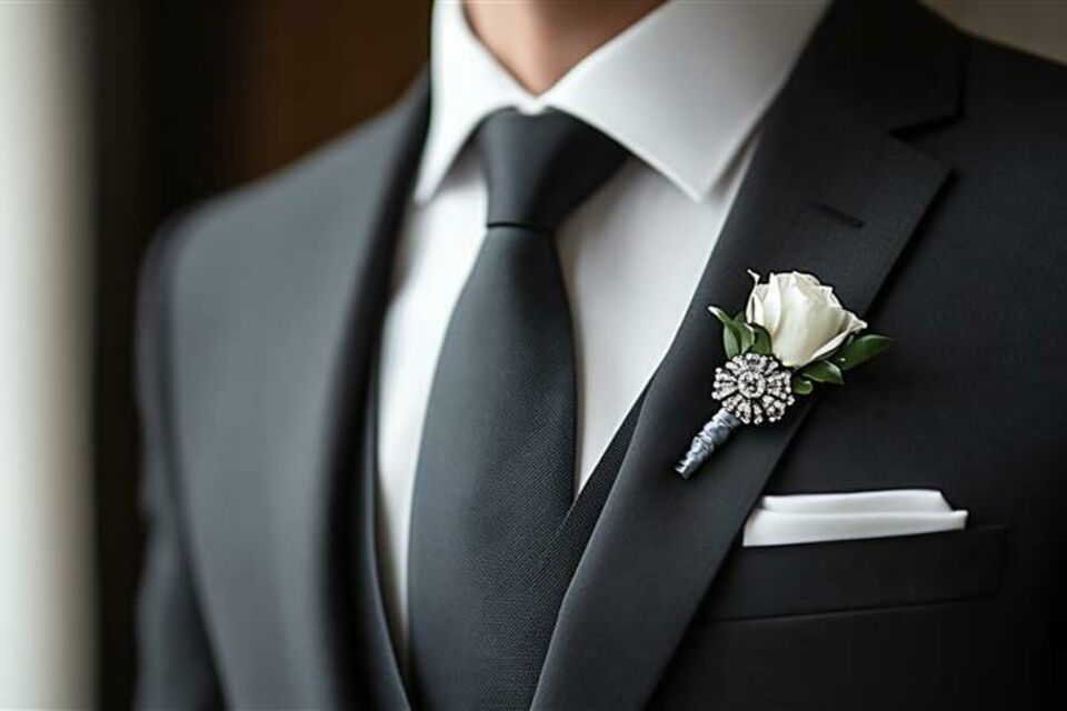 Adobe Stock - Photo d'illustration - Un détail soigné pour une élégance parfaite : la broche et la boutonnière du marié, des accessoires incontournables qui apportent finesse et harmonie à son look