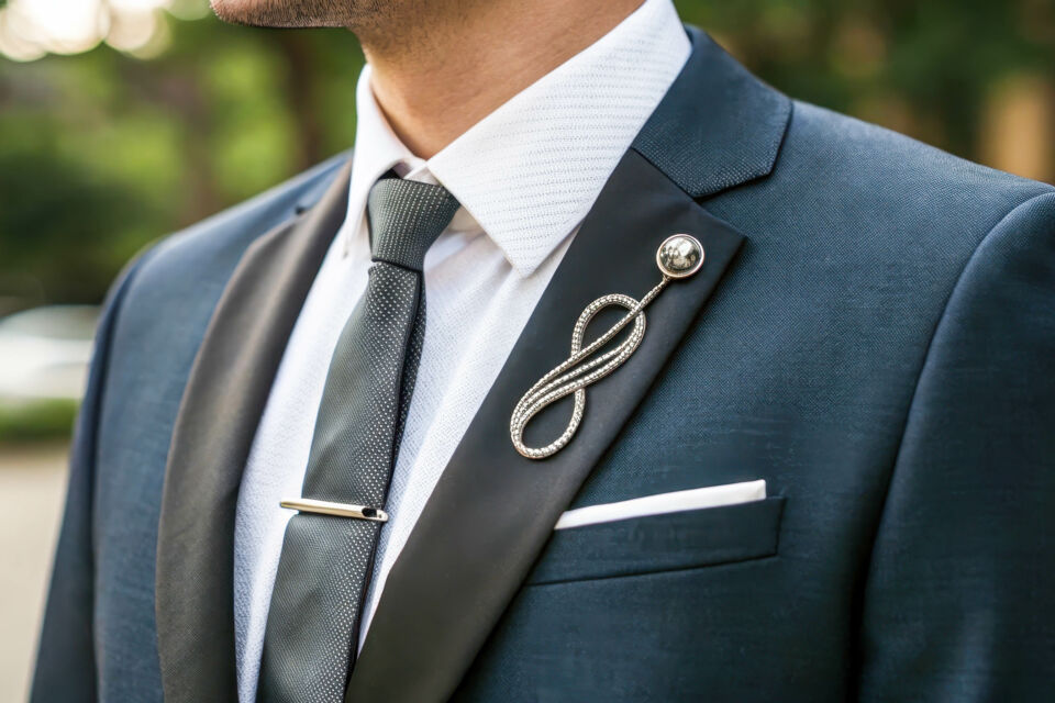 Adobe Stock - Photo d'illustration - Symbole de raffinement discret, la broche masculine ajoute une touche d'élégance subtile et intemporelle aux tenues de mariage, un clin d'œil à un style classique revisité.