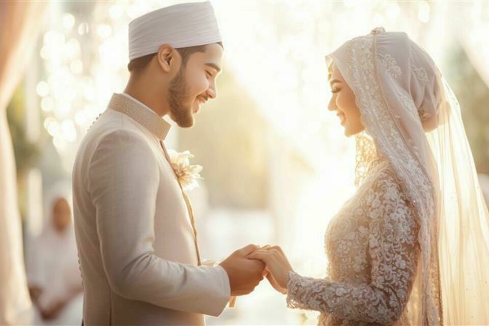 Adobe Stock - Un couple musulman le jour de leur mariage, rayonnant de bonheur et d’amour, célébrant un engagement sacré devant leurs proches.