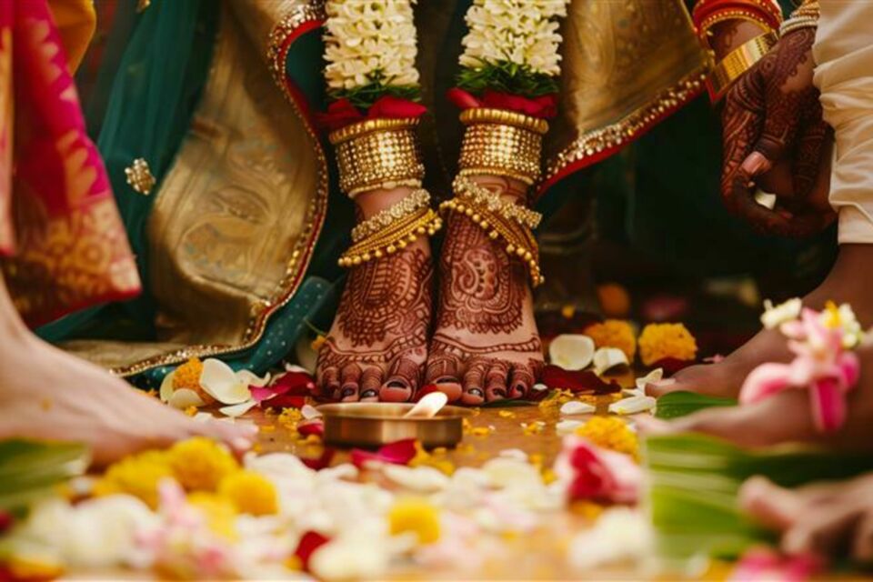 Adobe Stock6&nbsp; Photo d'illustration -&nbsp;Le Griha Pravesh, rituel hindou marquant l'entrée de la mariée dans la maison de son époux, est un moment symbolique de bénédiction et d'accueil, où l'union prend racine dans un nouveau foyer.