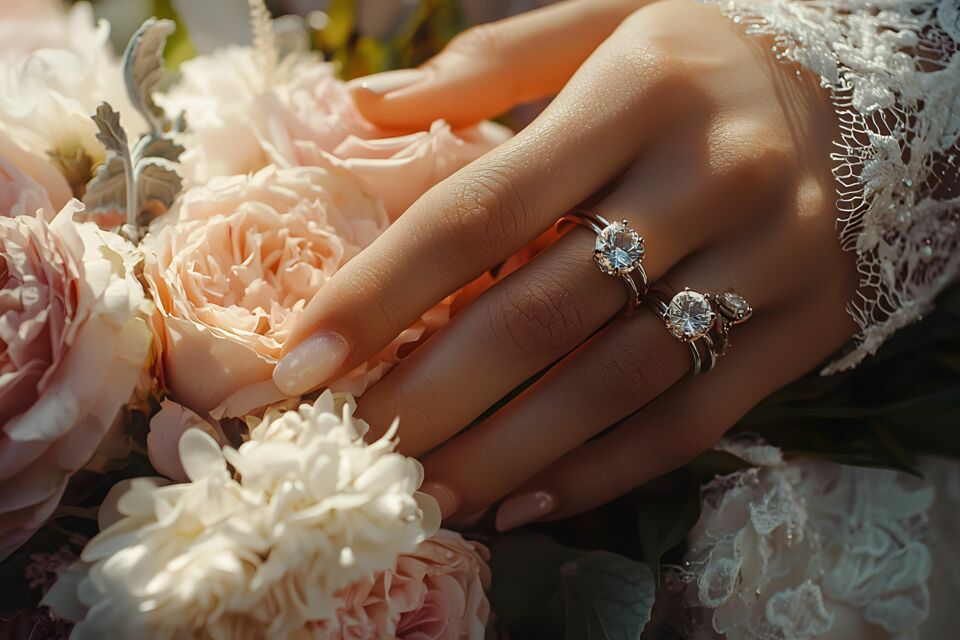 Adobe Stock - Photo d'illustration - Un symbole d'amour éternel et de nouveau départ : la main d’une mariée portant à la fois l'anneau du défunt et celui de son futur époux, un hommage discret et émouvant aux deux chapitres de sa vie.