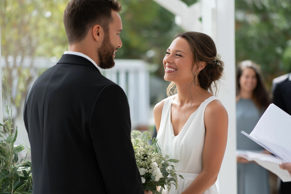 Adobe Stock - Photo d'illustration - Un instant précieux où les jeunes mariés échangent leurs vœux, leurs mains entrelacées symbolisant l'engagement et l'amour éternel qu'ils se promettent.