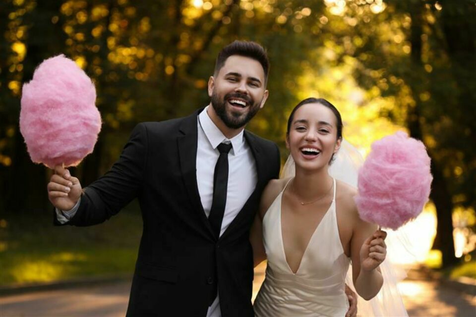 Adobe Stock - Photo d'illustration - Les mariés savourent un moment de légèreté et de complicité avec de délicieuses barbes à papa, apportant une touche sucrée et festive à leur journée spéciale.