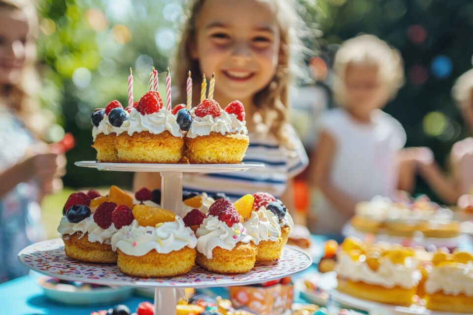 Adobe Stock - Photo d'illustration - Goûter d’anniversaire enfants : buffet gourmand avec pop-corn, gâteau coloré et fontaine à chocolat pour une fête joyeuse et conviviale.