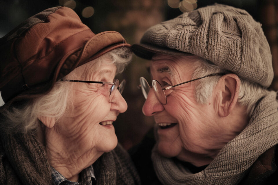 Photo d'illustration - Deux personnes âgées, emmitouflées et se regardant avec tendresse, incarne parfaitement l’esprit des noces de zinc : 37 années d’union solide, résistante comme le métal qu’elles symbolisent.