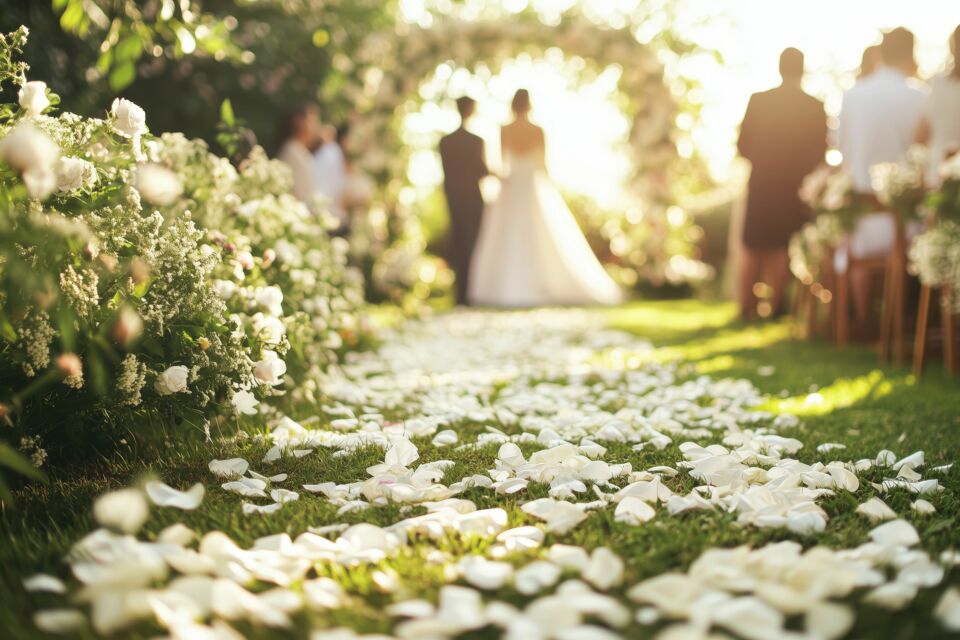 Adobe Stock -&nbsp; Photo d'illustration -&nbsp;&nbsp;L’allée de mariage végétalisée sublime l’entrée des mariés avec une mise en scène naturelle, mêlant feuillages, fleurs et textures pour créer une ambiance poétique et immersive.