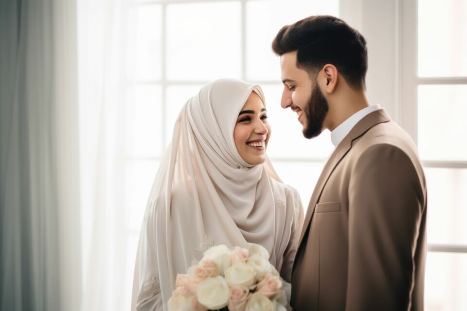 Adobe Stock - Photo d'illustration - Élégance et complicité sous la lumière douce : un couple uni, bouquet en main, incarne l’harmonie des traditions musulmanes entre communautés sunnites et chiites.