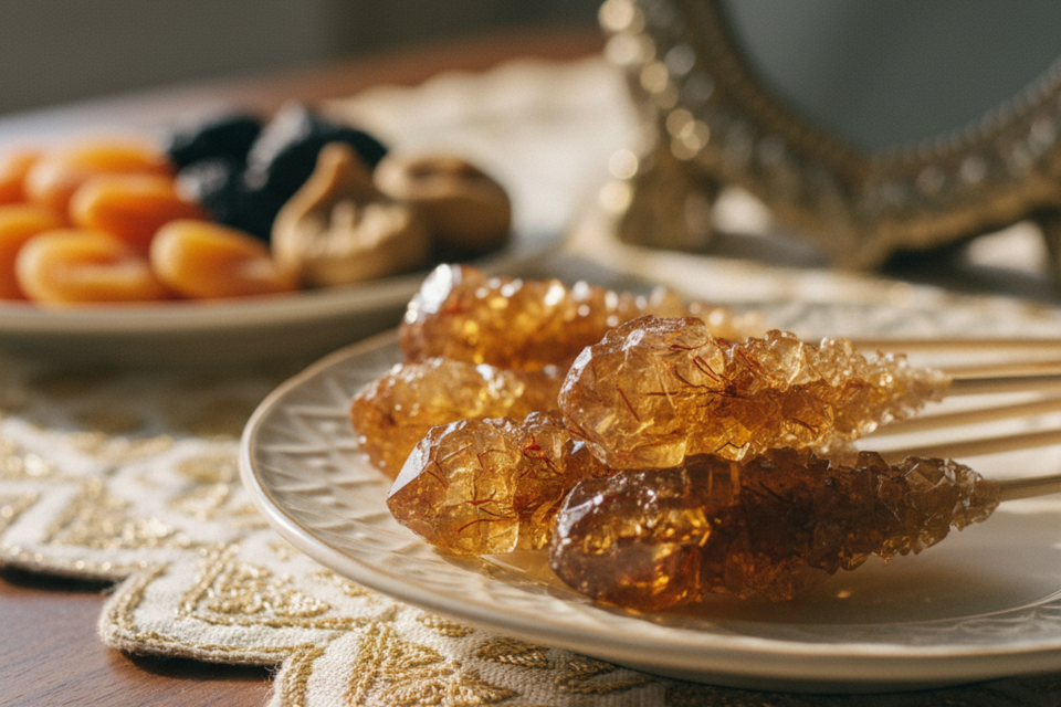 Freepik- Symbole de douceur et de prospérité, le nabat safrané incarne les vœux de bonheur conjugal sur la table du mariage iranien, où chaque élément du sofreh-ye aghd porte une charge rituelle forte.