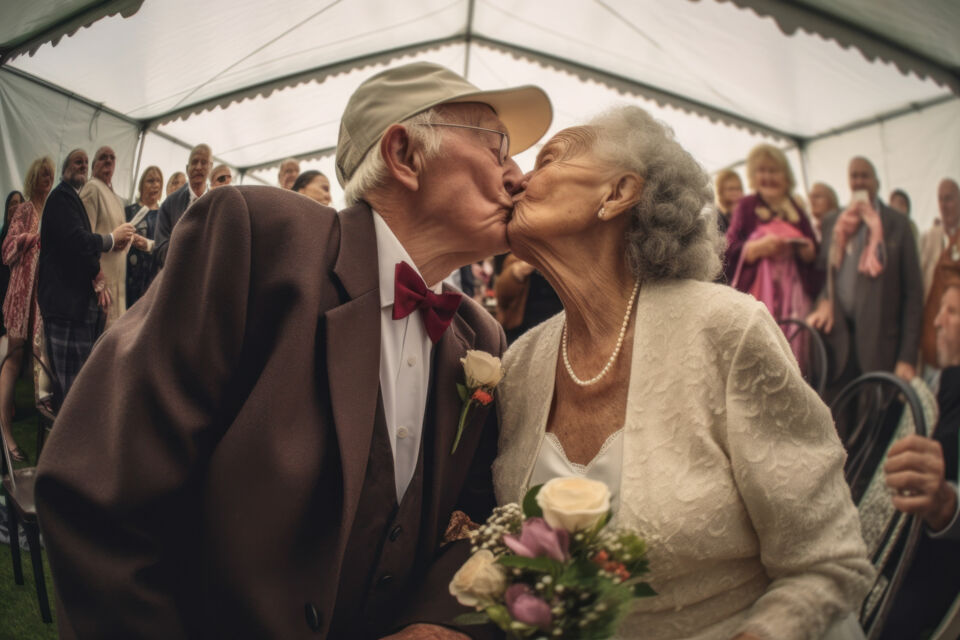 Adobe Stock - Photo d'illustration - 73 ans d’amour célébrés sous un dais lumineux, entre baisers tendres et regards complices, symbole de la solidité et de la chaleur des noces de fonte.
