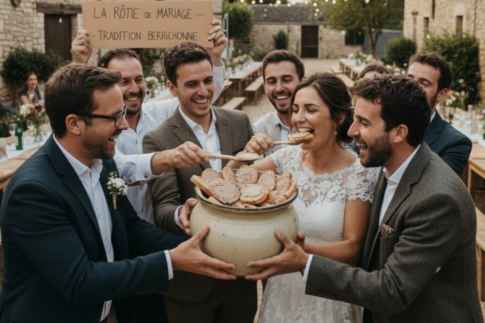 La rôtie de mariage, tradition berrichonne, consiste à servir aux jeunes mariés un toast arrosé de vin, souvent accompagné de chants et de rituels festifs, pour célébrer leur union avec chaleur.