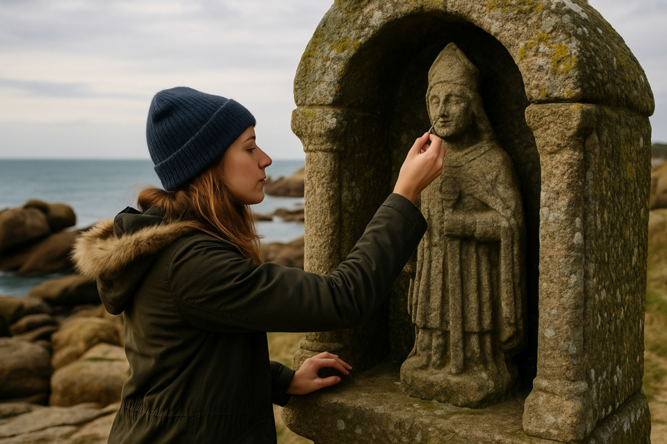 GPT - Photo d'illustration - Sur la côte de Ploumanac’h, une jeune femme perpétue la tradition de Saint-Guirec : planter une épingle dans la statue du saint pour trouver l’amour et espérer un mariage heureux dans l’année. Un geste ancestral empreint de foi et de romantisme, au cœur des légendes bretonnes.