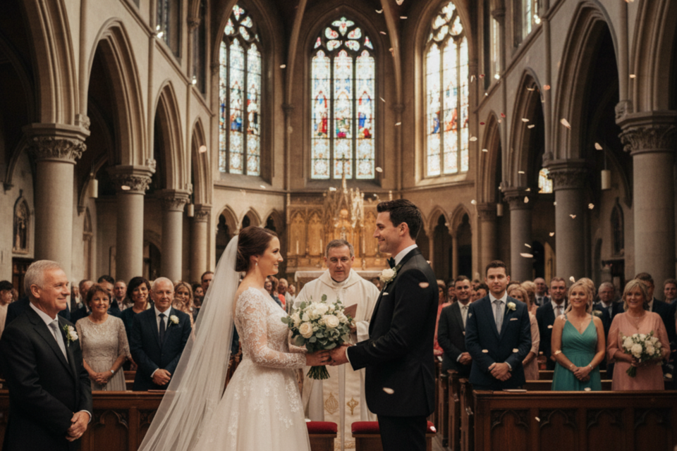Gemini -&nbsp; Photo d'illustration -&nbsp;&nbsp;Tradition visuelle et symbolique : le marié se tient à droite, la mariée à gauche, incarnant l’équilibre, la complémentarité et l’harmonie dans la mise en scène du couple lors de la cérémonie.