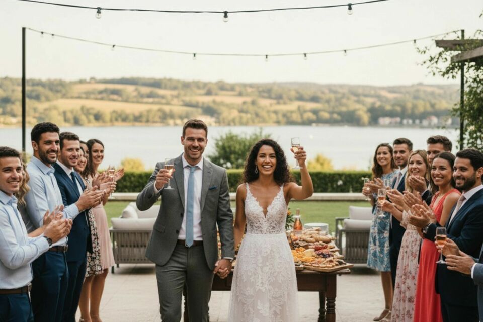 Gemini - Photo d'illustration - Un toast, un sourire, un éclat de rire — le vin d’honneur, c’est la première note pétillante du grand jour, l’instant où la fête prend vie.