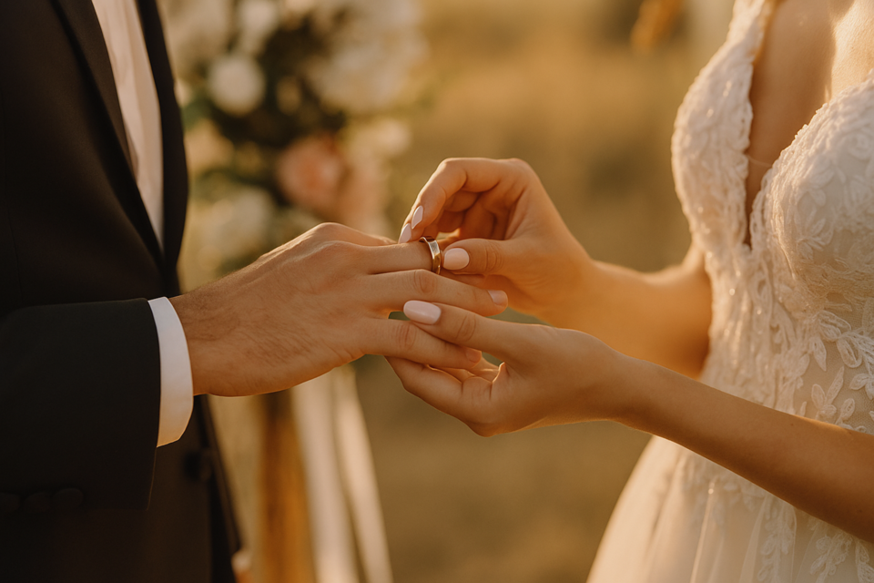 GPT - Photo d'illustration -&nbsp;Deux mains, un anneau, un souffle suspendu. L’échange des alliances, c’est le geste qui transforme une histoire d’amour en serment d’éternité.