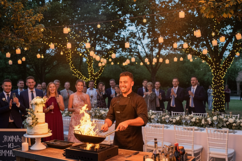 Gemini -  Photo d'illustration -  Sous les flammes d’un show cooking, un chef prépare un plat en direct sous les yeux émerveillés des invités — une animation culinaire de mariage aussi savoureuse que spectaculaire.