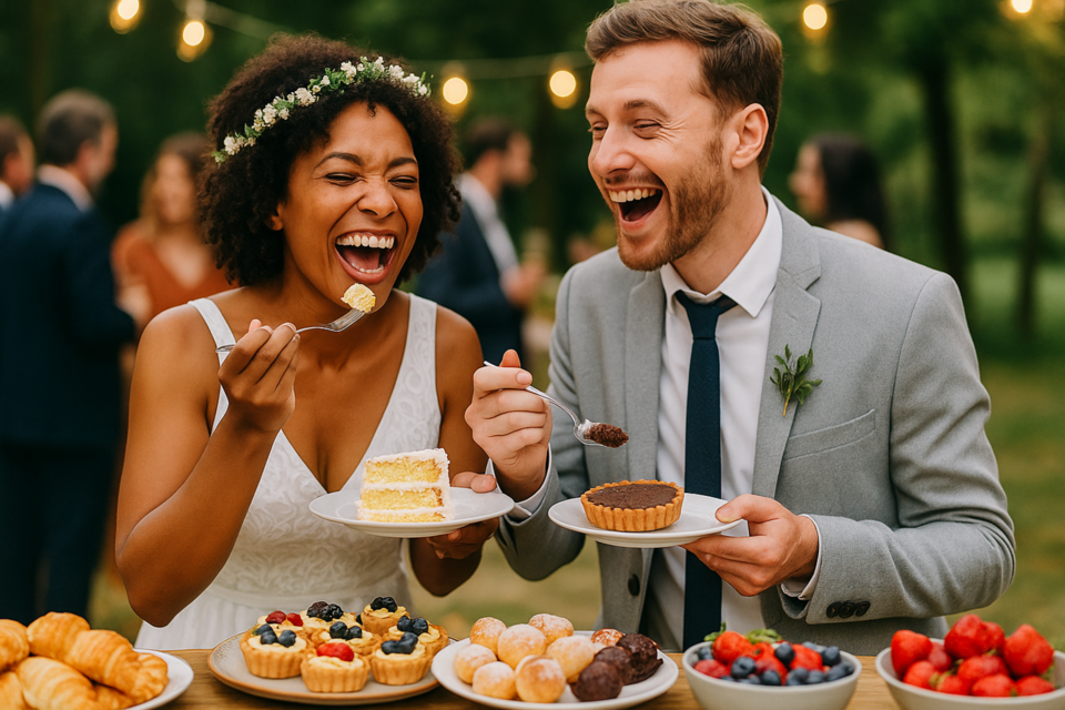 GPT - Photo d'illustration - Première bouchée : un éclat de rire, une douceur partagée. Le repas inversé transforme le mariage en un festin de liberté, sucré dès la première minute.