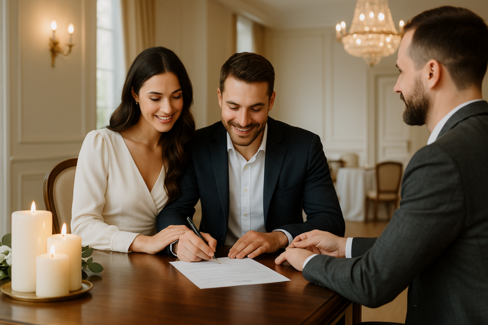 GPT - Photo d'illustration -&nbsp;Un couple signe le contrat de location de leur salle, accompagné d’un gestionnaire attentif. Une étape essentielle, symbole de confiance avant la fête.