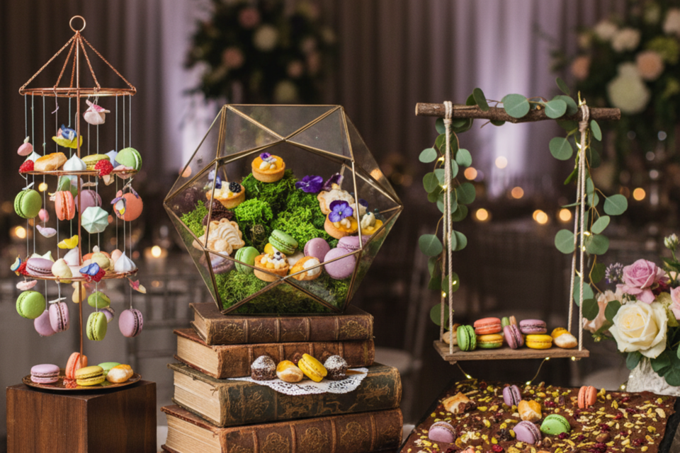 Gemini – Photo d’illustration - Suspendus dans les airs ou dressés comme un parcours sensoriel, les macarons et mignardises se réinventent en véritables œuvres d’art comestibles — l’élégance sucrée s’invite au cœur de la fête. 