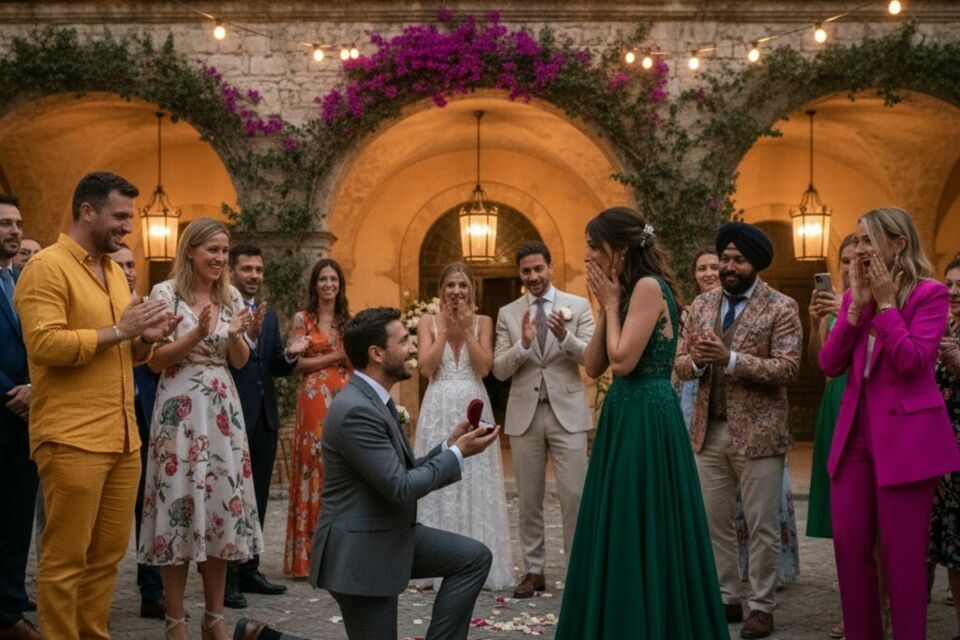 Gemini – Photo d’illustration - Une demande en mariage improvisée en plein banquet : émotions à fleur de peau, regards suspendus, applaudissements… et un débat qui divise entre romantisme pur et vol de lumière. 