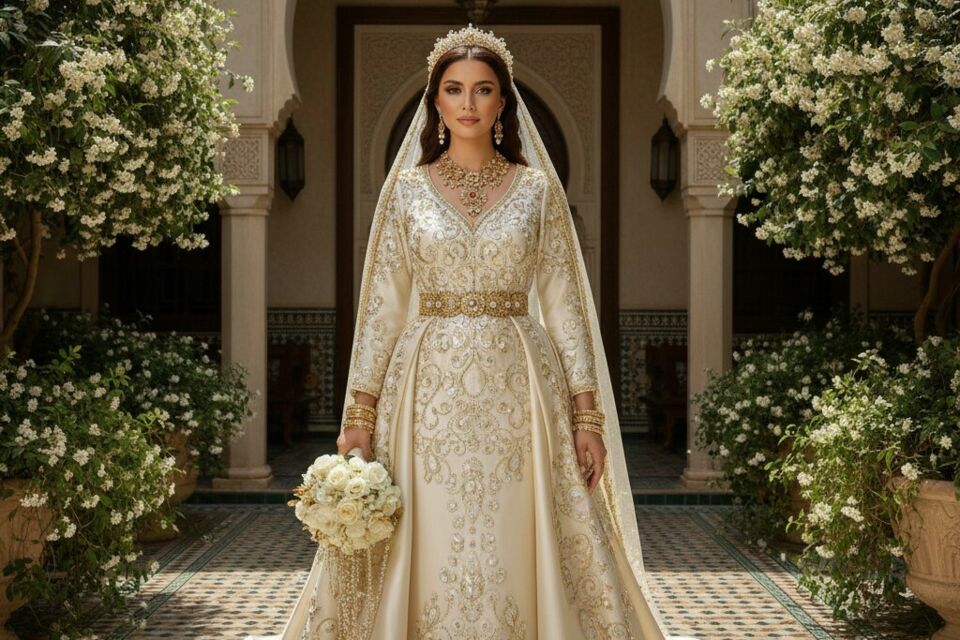 Gemini Photo d'illustration -&nbsp;&nbsp;Or, nacre et soie incarnent l’élégance intemporelle des mariées orientales, mêlant raffinement artisanal, symboles sacrés et héritage culturel dans des tenues à la fois majestueuses et sensibles.