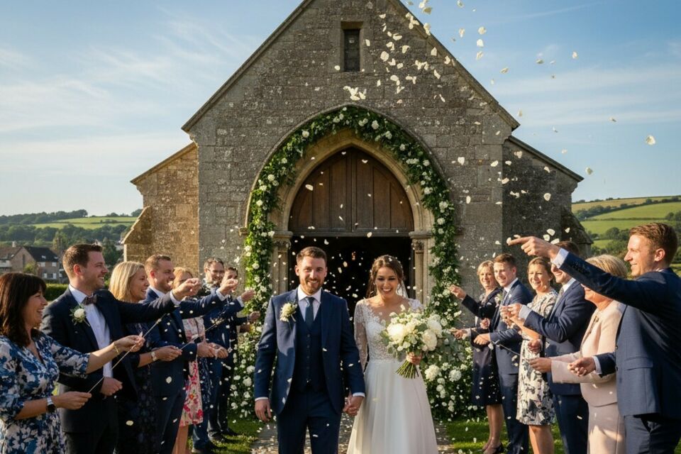 Gemini -&nbsp; Photo d'illustration -&nbsp;&nbsp;La sortie de cérémonie réussie mêle émotion et éclat : les mariés avancent rayonnants, portés par les sourires, les pétales et les applaudissements, ouvrant la fête dans une atmosphère de joie partagée.