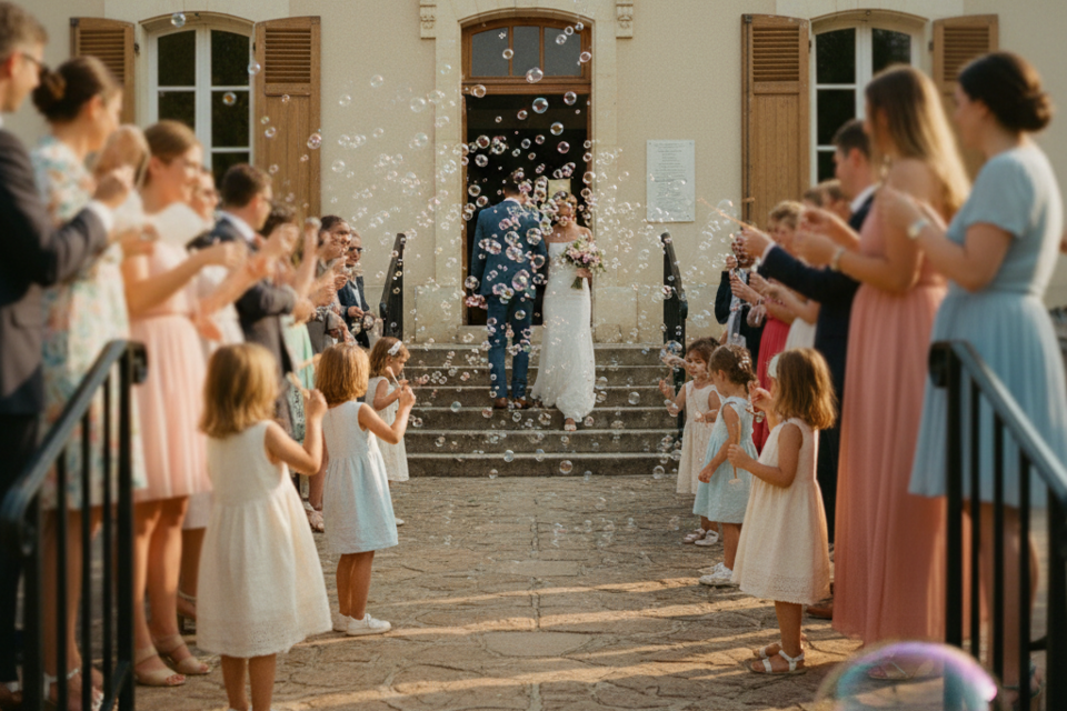 La sortie de cérémonie réussie mêle émotion et éclat : les mariés avancent rayonnants, portés par les sourires, les pétales et les applaudissements, ouvrant la fête dans une atmosphère de joie partagée.