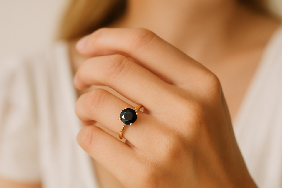GPT - Photo d'illustration - Une bague de fiançailles au charme magnétique : la pierre noire, entre mystère et modernité, symbolise un amour fort et intemporel.