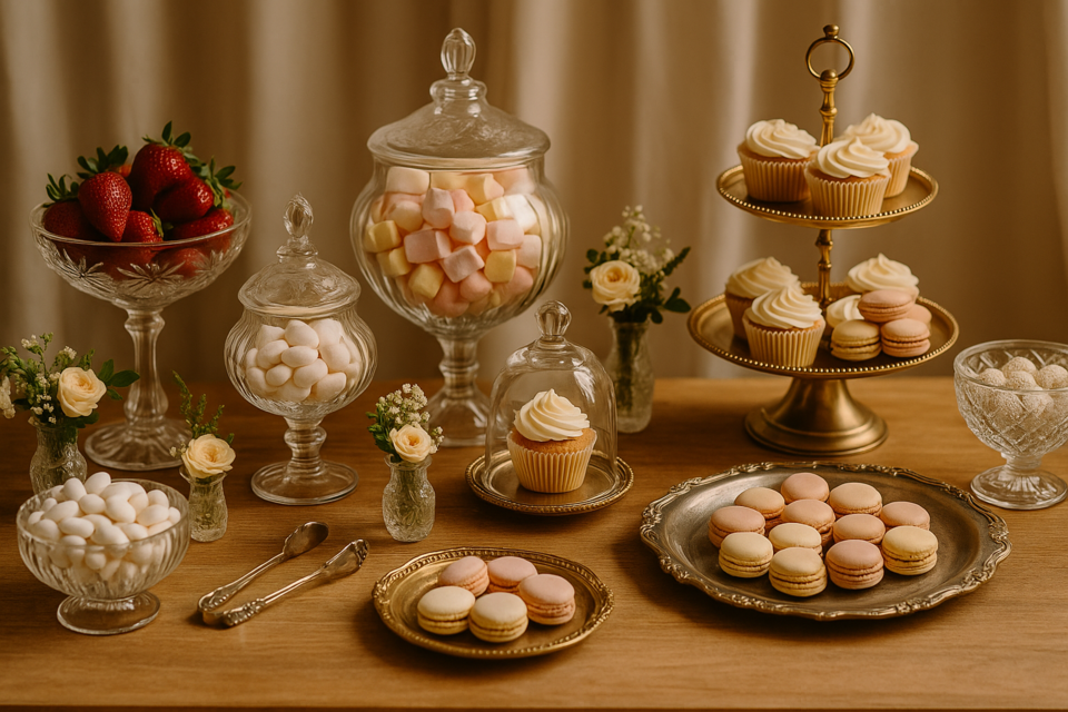 Photo d'illustration - Un candy bar sublimé par des pièces vintage : bonbonnières ciselées, présentoirs dorés et douceurs pastel créent une mise en scène élégante et gourmande, parfaite pour un mariage au charme rétro.