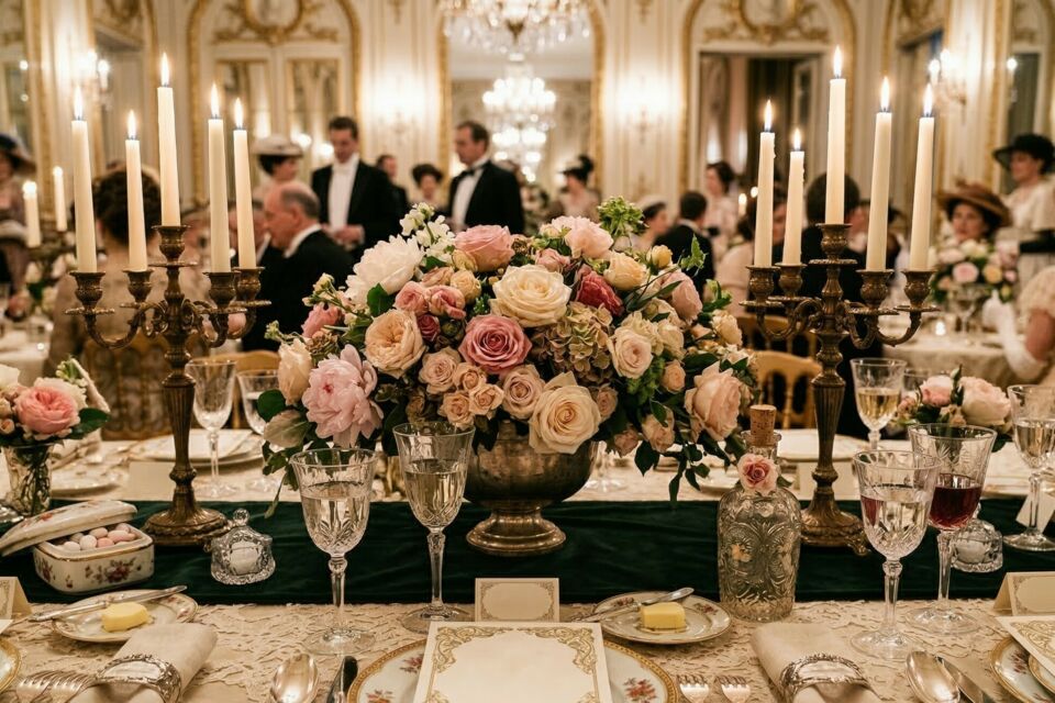 Photo d'illustration - Cristal étincelant, argenterie raffinée et dentelles délicates : l’art de la table Belle Époque sublime chaque mariage en une scène d’élégance intemporelle.