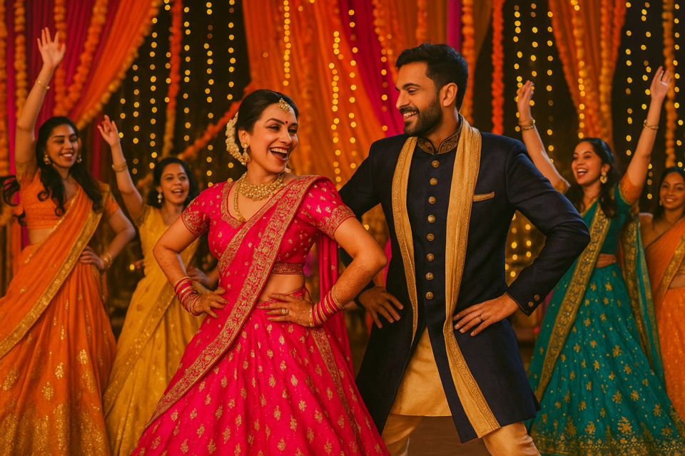 GPT - Photo d'illustration - Explosion de couleurs, énergie collective et complicité éclatante : les danses indiennes — du Bhangra au Garba — transforment le mariage en un véritable festival de lumière et de mouvement.