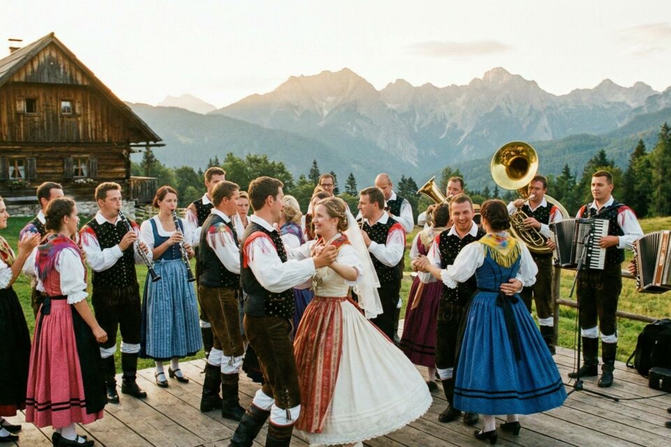 Photo d'illustration - Entre montagnes et traditions, les mariés et leurs invités s’élancent dans la Polka et le Štajeriš, mêlant musique folklorique et joie alpine.