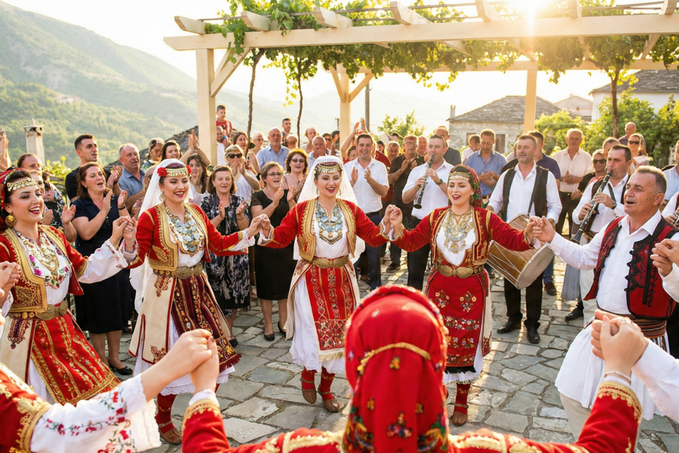 Gemini - Photo d'illustration -&nbsp;&nbsp;Les mariages en Albanie et au Kosovo vibrent au rythme des danses Valle : énergie collective, costumes ornés et traditions vivantes qui célèbrent l’union dans une ambiance festive et ancestrale.