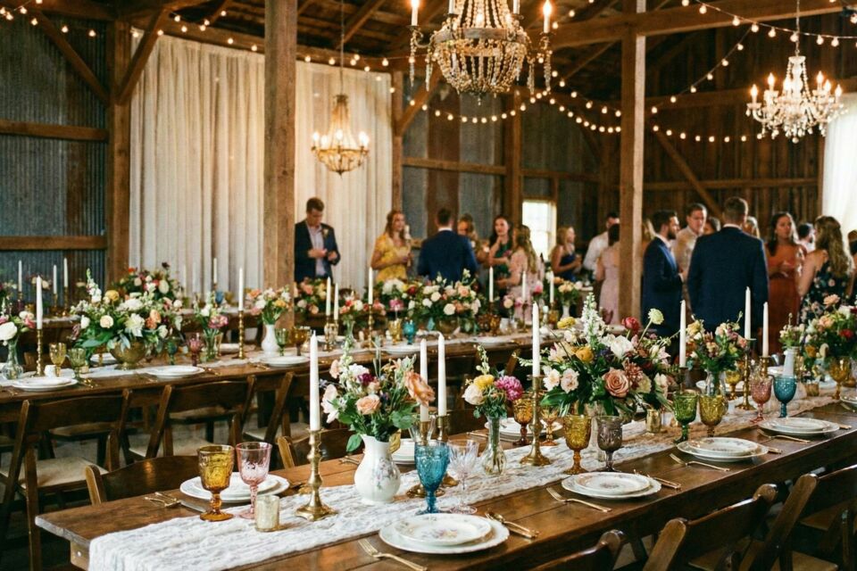 Gemini - Photo d'illustration - L’art de chiner prend vie : cristal dépareillé, laiton patiné et fleurs en soupière composent une table au charme d’atelier ancien — preuve qu’une réception peut devenir somptueuse grâce à des trésors seconde main.