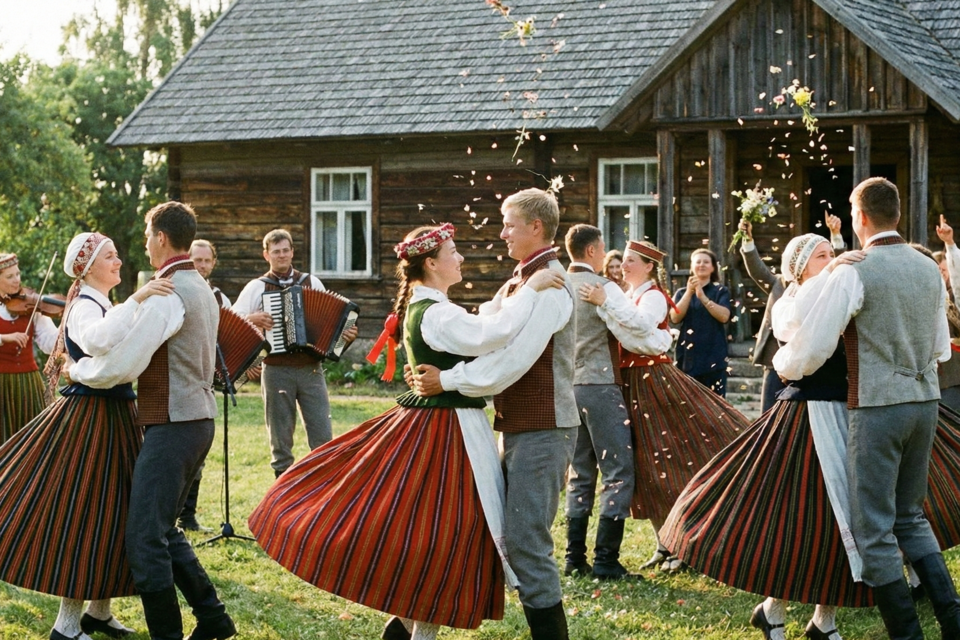 Gemini - Photo d'illustration - La polka de Rucava, danse traditionnelle lettone, anime les mariages avec ses pas vifs et joyeux, créant une ambiance festive où musique folklorique et convivialité rassemblent tous les invités.