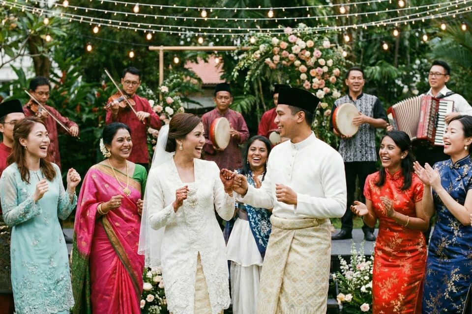 Gemini - Sous les voiles colorés, le Joget s’illumine à Singapour, mêlant influences multiculturelles et joie nuptiale, reflet vibrant d’une cité où traditions et modernité s’unissent dans la danse.