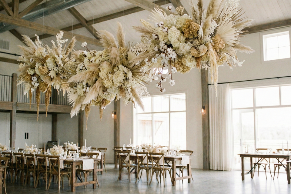 Gemini – Photo d’illustration - Les nuages floraux suspendus sculptent le vide et transforment un plafond en décor vivant, lumineux et poétique.