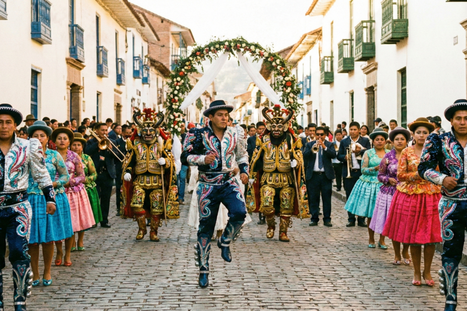 Gemini - Photo d'illustration - En Bolivie, les danses de mariage Caporales et Morenada célèbrent le faste des Andes : costumes éclatants, rythmes puissants et héritage culturel vibrant illuminent l’union des mariés.