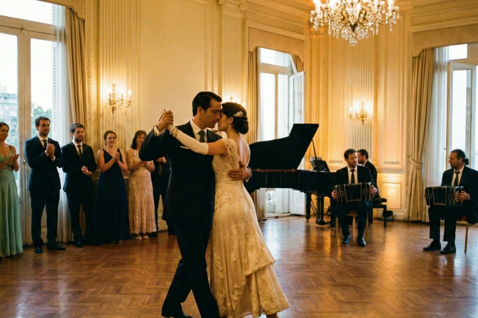 Gemini - Photo d'illustration - Sous les lumières du Río de la Plata, les mariés uruguayens s’unissent dans un tango élégant, symbole d’amour et de tradition, où chaque pas raconte la passion et l’âme du pays.