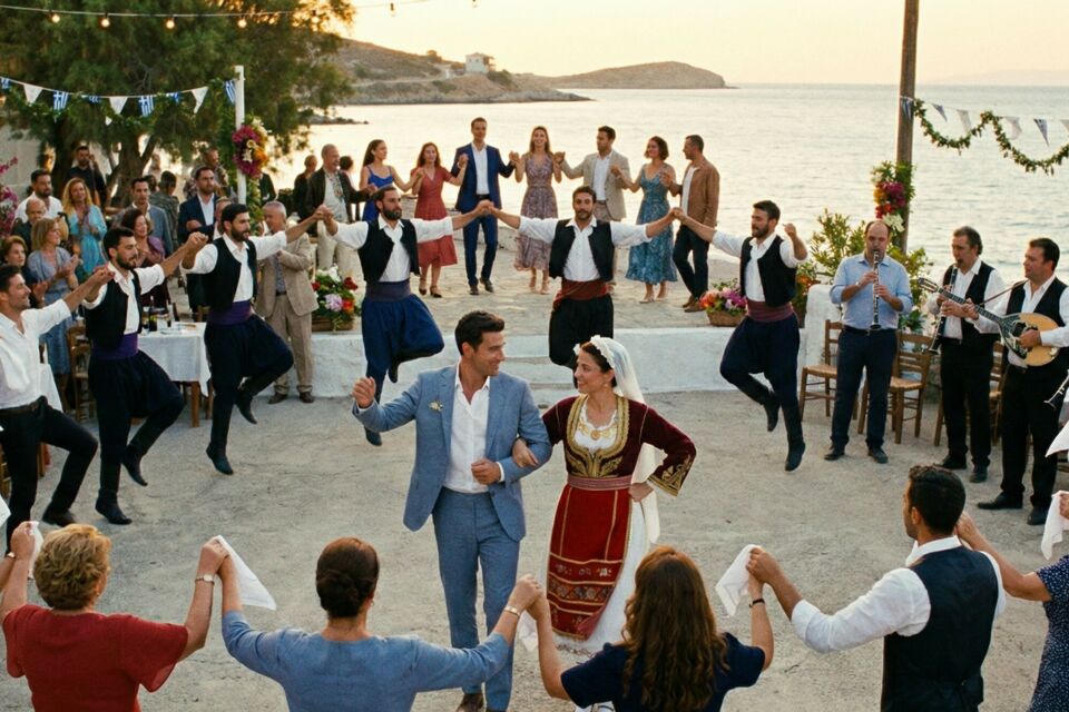 Gemini - Photo d'illustration - Sous le ciel grec, les mariages s’animent au rythme du kalamatianos, du tsamiko et du sirtaki, danses ancestrales qui unissent joie, tradition et ferveur collective autour des mariés.