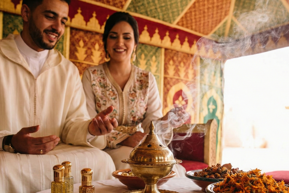 Gemini - Photo d'illustration - Sous les volutes d’encens, la fleur d’oranger et le musc enveloppent les mariés, offrant au mariage marocain une aura sacrée où parfums et traditions scellent l’union sous une douce protection.